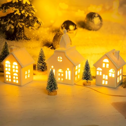 7 Pcs Christmas Porcelain Village Tabletop Figurine LED House Decorations N68476