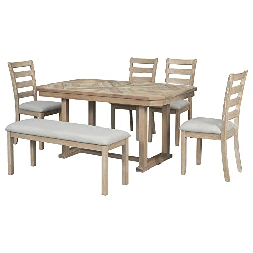 6-Piece Rubber Wood Dining Table Set with 4 Cushioned Chairs and Bench, Light Gray N7668