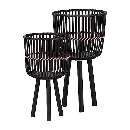 Set of 2 Bamboo Wood Planters on Stands, Brown/Black W43035