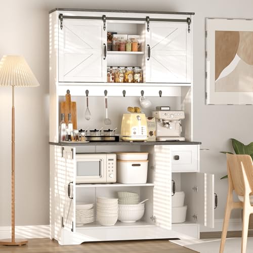 White Kitchen Pantry Cabinet with Charging Station and Microwave Stand X655