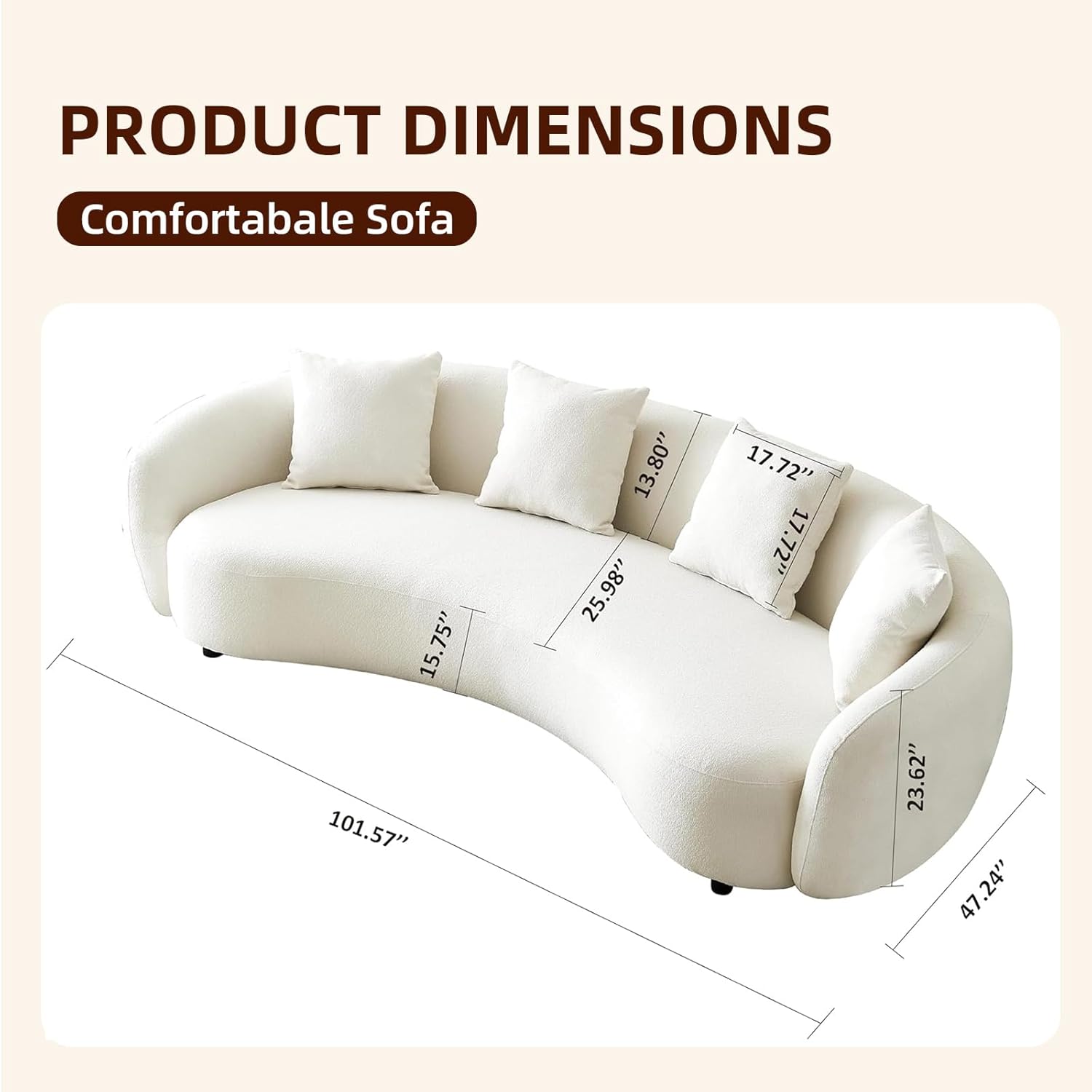 Teddy Fabric Curved Half Moon Sectional 4-Seat Sofa Couch with 4 Throw Pillows E26282