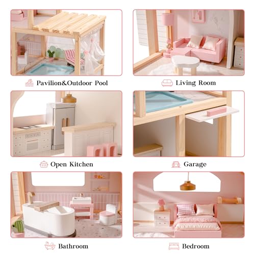 Pink Wooden Dollhouse with 6 Rooms and 29-pcs Furniture Set Q330901