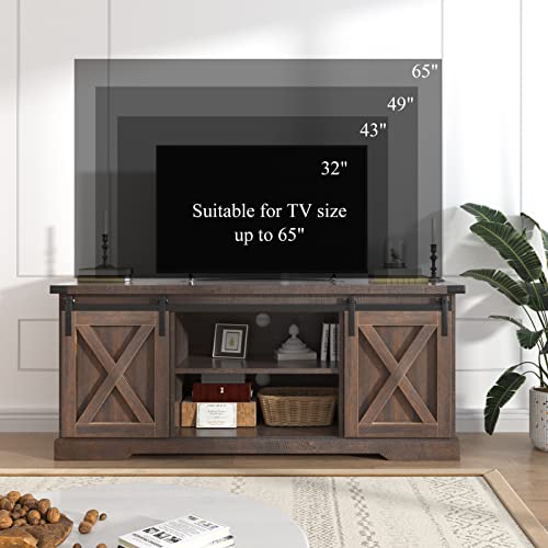 Brown Wood TV Stand with Sliding Barn Doors and Adjustable Shelves I95252