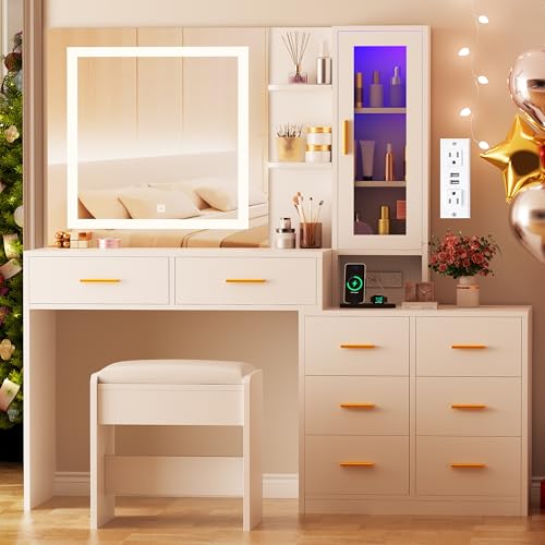 White 51.8" Makeup Vanity Desk with Mirror and Lights 8 Drawers Z79743