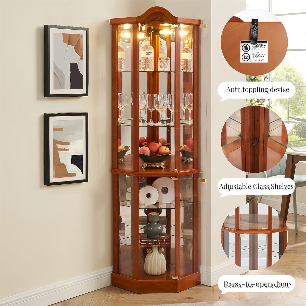 Brown Corner Curio Cabinet with Tempered Glass Doors and Adjustable Shelves D3635