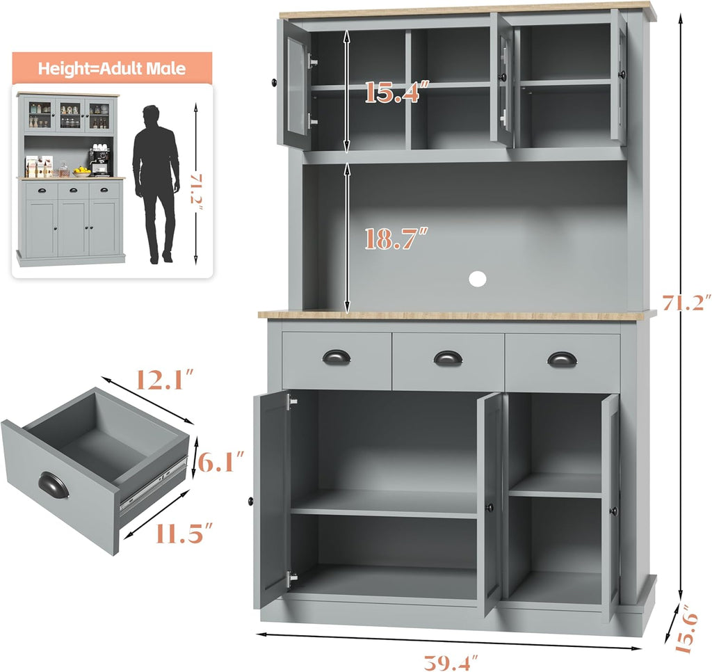 Grey Kitchen Hutch Storage Cabinet with Countertop and Drawers P4529