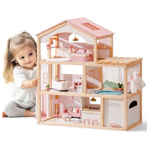 Pink Wooden Dollhouse with 6 Rooms and 29-pcs Furniture Set Q330901