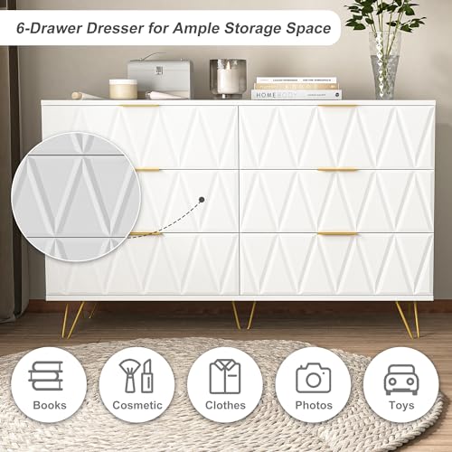 White 6 Drawer Wood Dresser with Gold Handles F653054