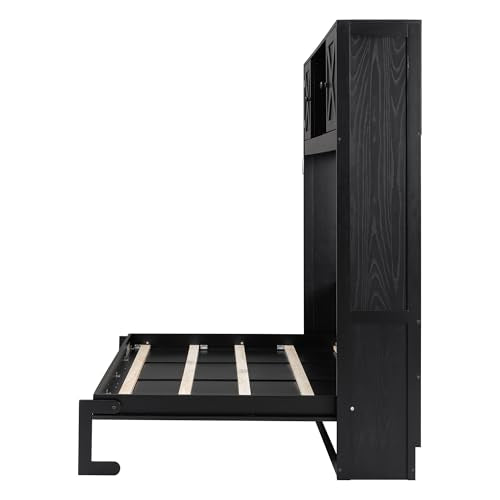 Black Full Horizontal Murphy Bed with Shelves and Storage Bookcase Z733736