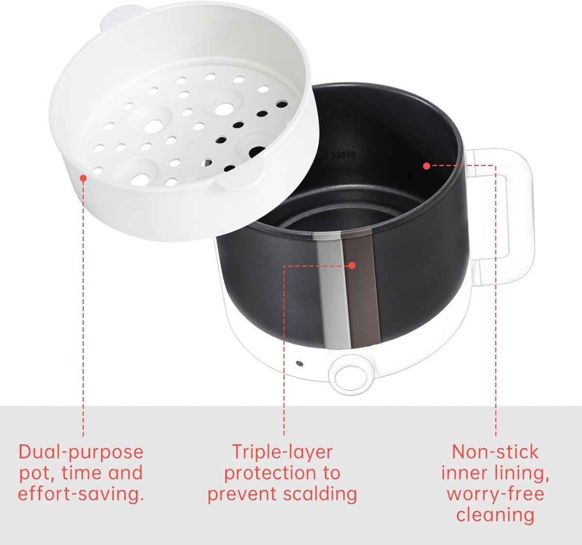 White Electric Mini Ramen Cooker 1.2L Nonstick 300W/600W N349292
