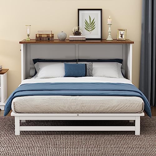 White+Walnut Full Wood Murphy Bed with Storage Drawers U3553