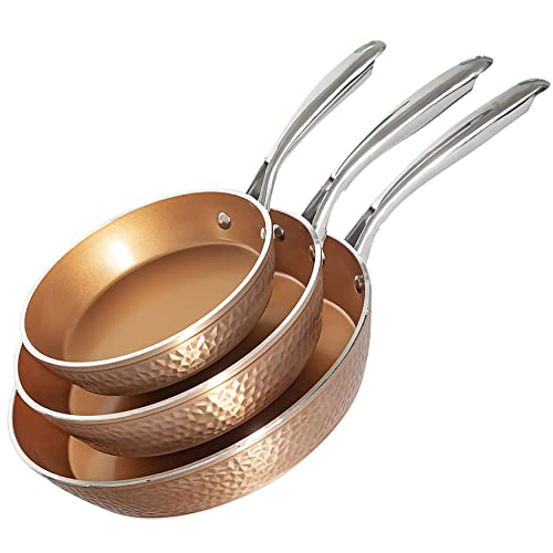 3 Piece Hammered Copper Nonstick Frying Pan Set with Glass Lid Q30655
