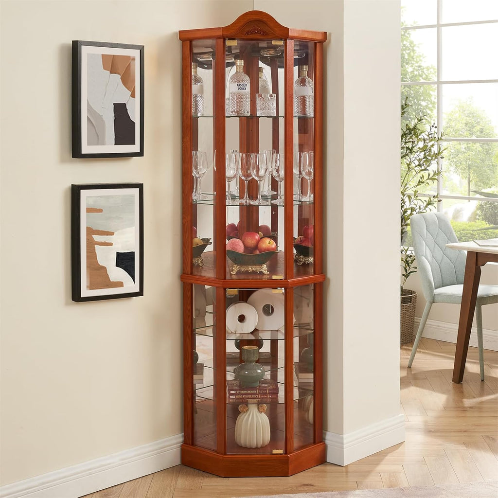 Brown Corner Curio Cabinet with Tempered Glass Doors and Adjustable Shelves D3635