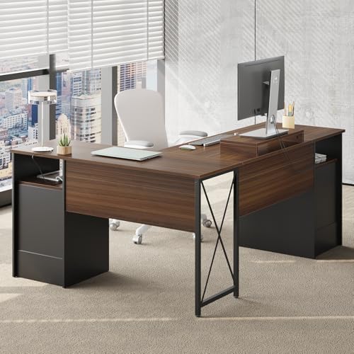 Gray L Shaped Desk with File Drawers, 63" x 47" Corner Desk with Monitor Stand Q241298