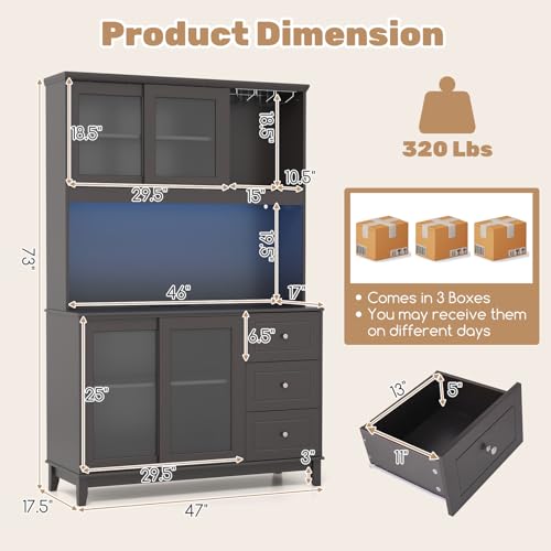 73" Kitchen Pantry Storage Cabinet with LED Lights & Power Outlet, Wine Glass Racks, Adjustable Shelves, Drawers (Espresso) C987129
