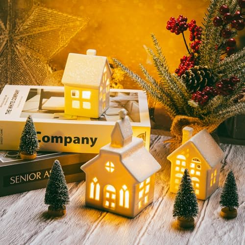 7 Pcs Christmas Porcelain Village Tabletop Figurine LED House Decorations N68476