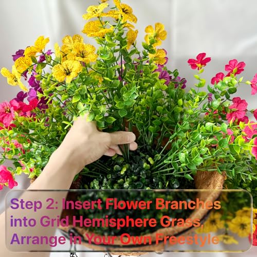 2 Sets Outdoor Artificial Flowers with 12" Hanging Basket, 24 Bunches of Faux Flowers with 2 Hanging Planters Yellow Orange A15404