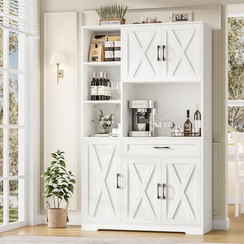 71" Tall Kitchen Pantry Storage Cabinet with Microwave Stand, Barn Doors, Large Drawer and Shelves, Ash Grey Q9326