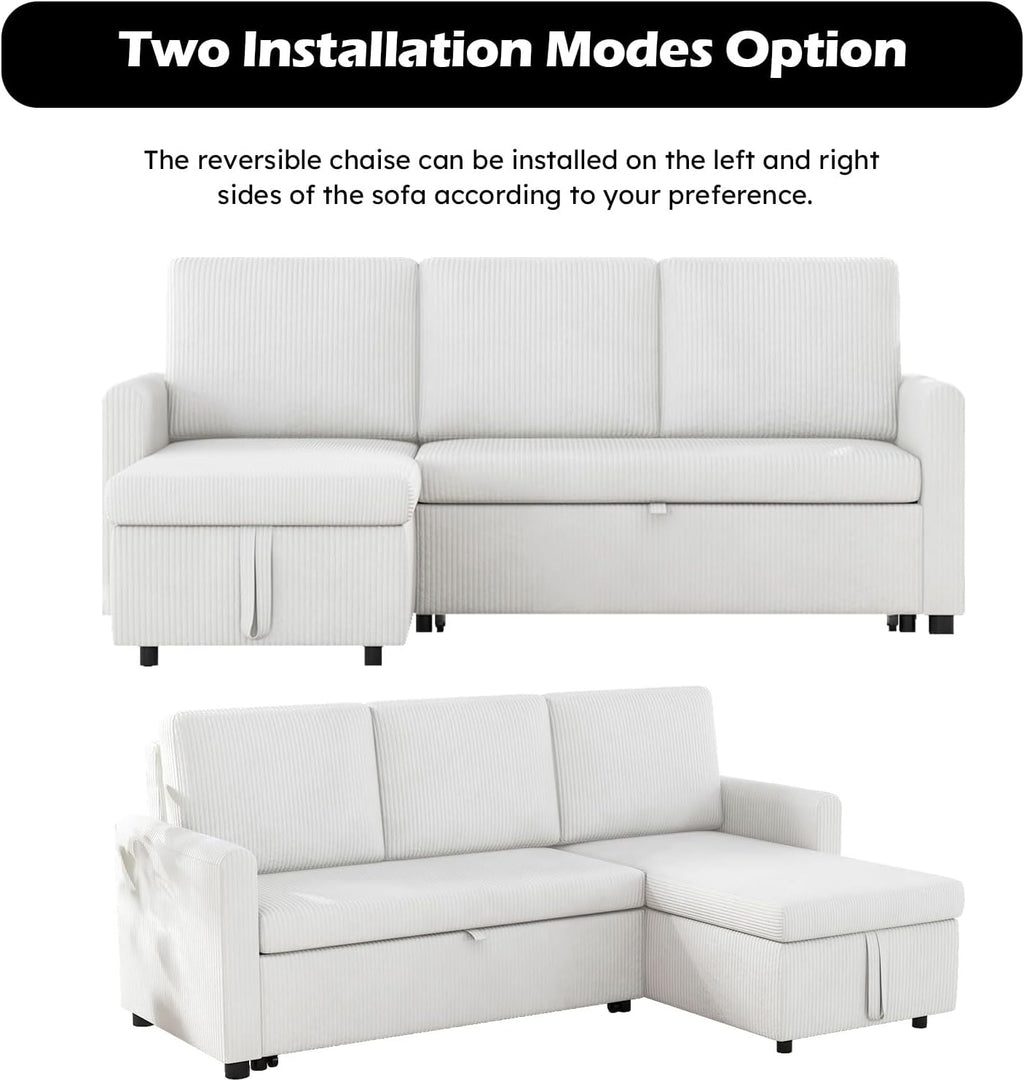 Beige Corduroy L-Shaped Sleeper Sofa with Storage Chaise and 2 Pillows K736398