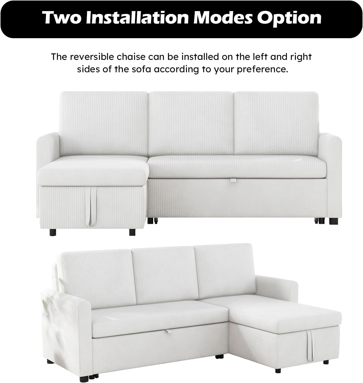 Beige Corduroy L-Shaped Sleeper Sofa with Storage Chaise and 2 Pillows K736398