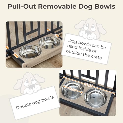 Grey Wooden Dog Crate with Double Doors and Pull-Out Dog Bowls I22260
