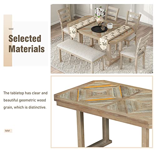 6-Piece Rubber Wood Dining Table Set with 4 Cushioned Chairs and Bench, Light Gray N7668