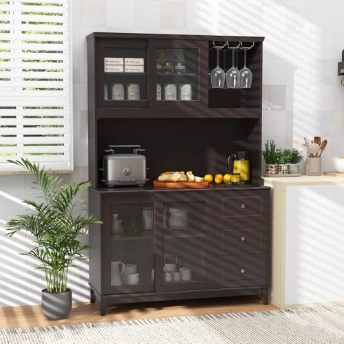 73" Kitchen Pantry Storage Cabinet with LED Lights & Power Outlet, Wine Glass Racks, Adjustable Shelves, Drawers (Espresso) C987129