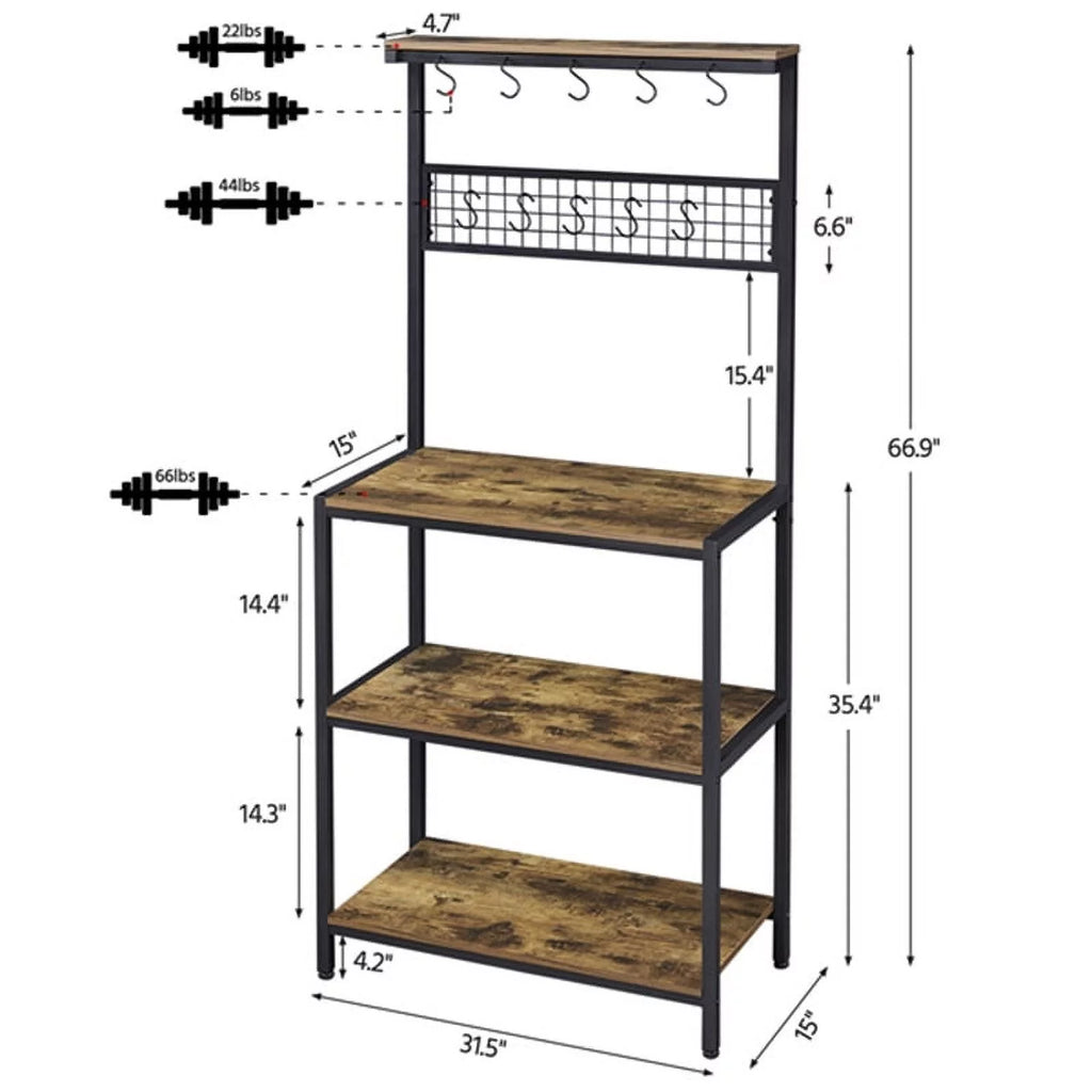 67" Wooden Rustic Brown Bakers Rack with 4 Storage Shelves & 10 Hooks O505