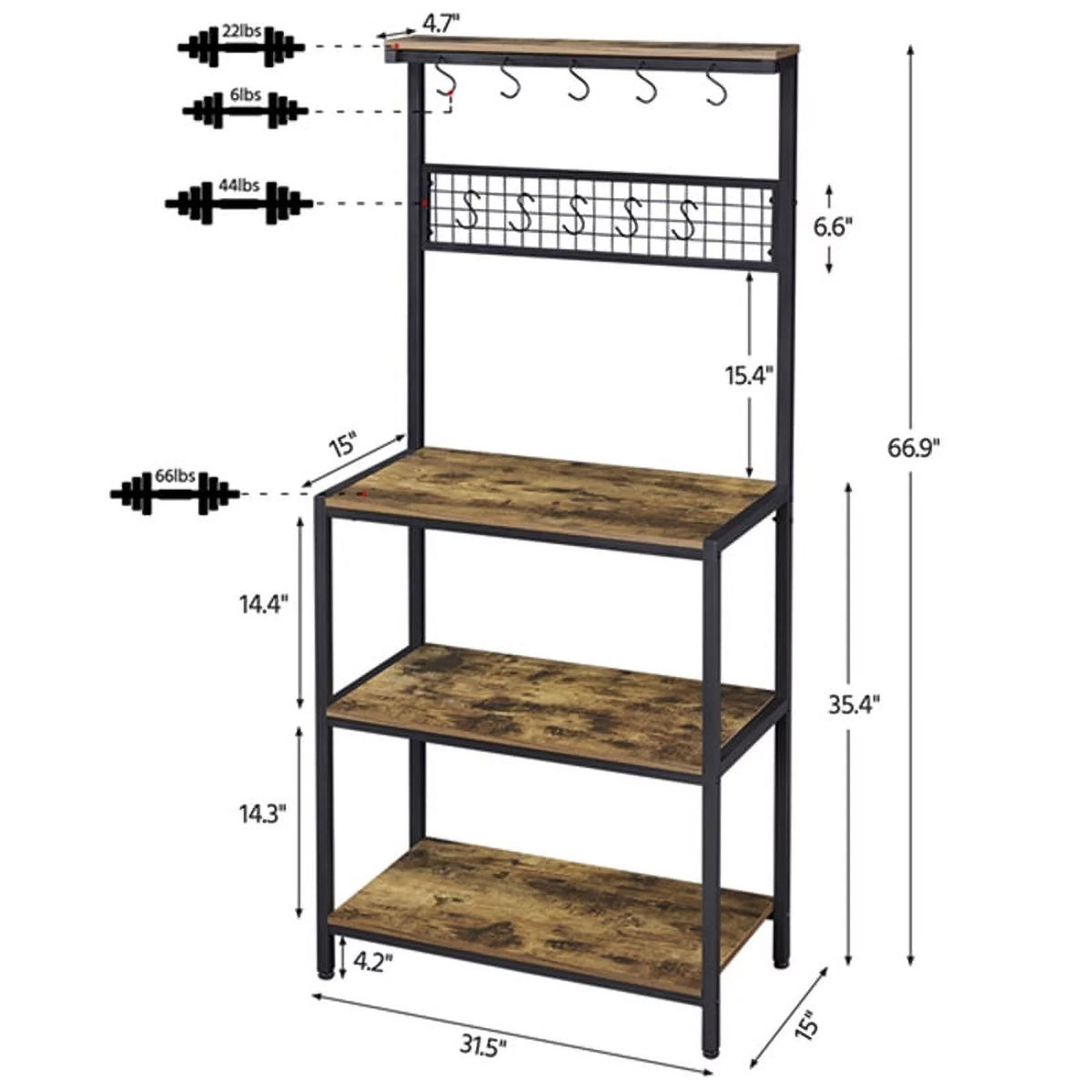 67" Wooden Rustic Brown Bakers Rack with 4 Storage Shelves & 10 Hooks O505