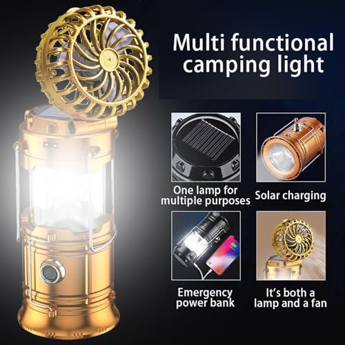 5-in-1 Portable LED Camping Lantern with Fan, Solar/USB Rechargeable, Lightweight ABS (Silver, 17.7X10X7.7cm) I14171