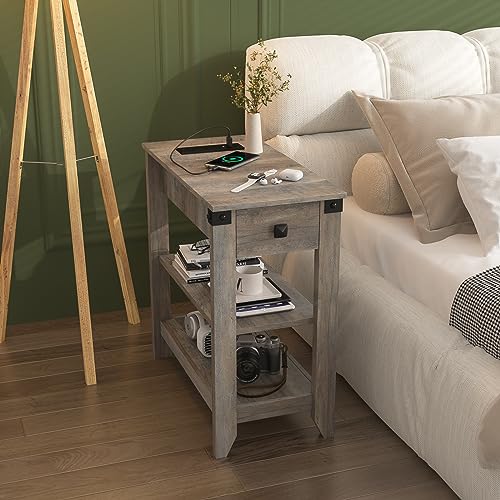 Set of 2 Narrow Side Table with Charging Station and Storage Drawer Rustic Grey B105