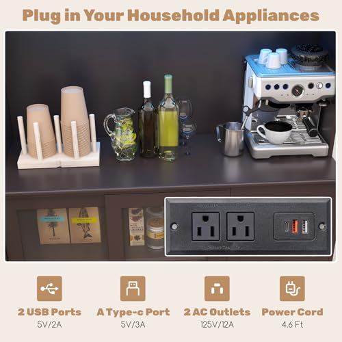 73" Kitchen Pantry Storage Cabinet with LED Lights & Power Outlet, Wine Glass Racks, Adjustable Shelves, Drawers (Espresso) C987129