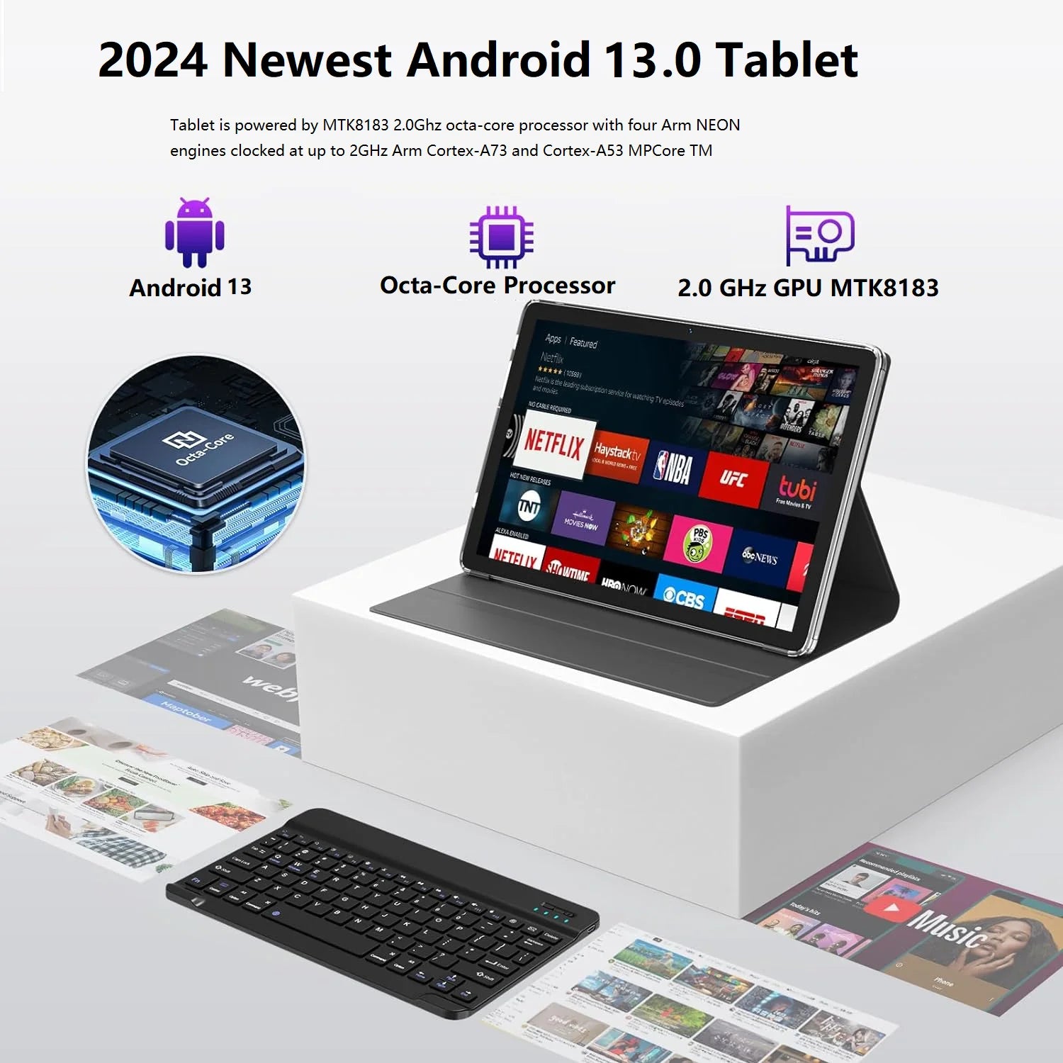 10 Inch Android Tablet with Keyboard, 128GB ROM + 16GB RAM, Octa-Core Processor R423