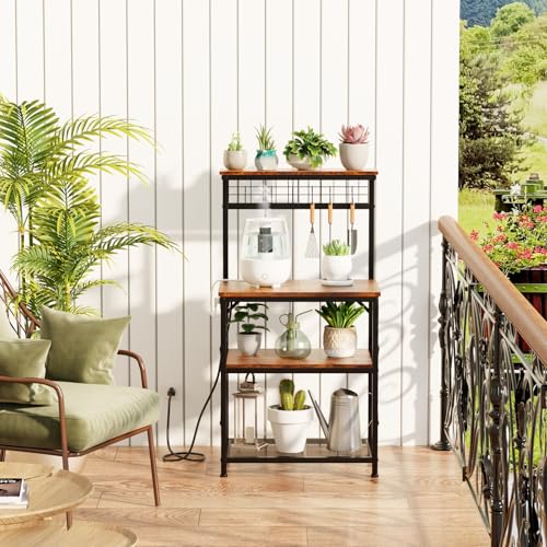 Rustic Brown 4 Tiers Kitchen Shelf Rack with Power Outlet O457685
