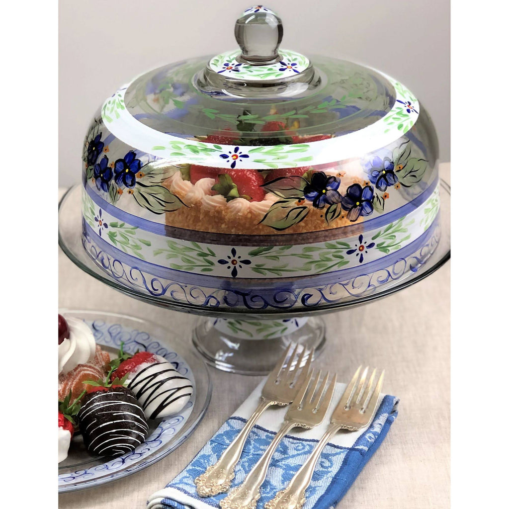 Blue Floral Hand Painted Glass Large Cake Dome U7325
