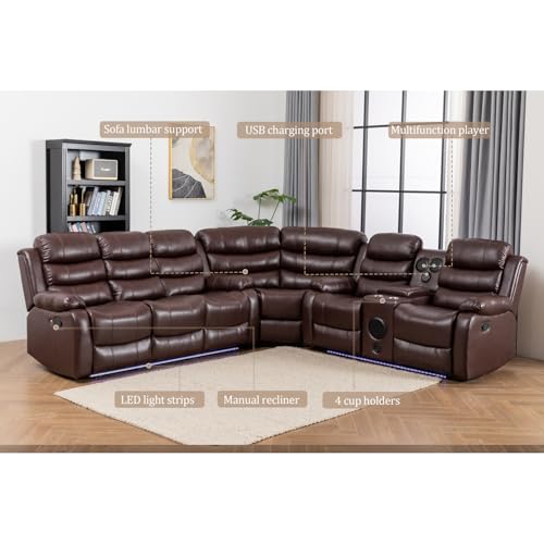 White PU Leather L-Shaped 9 Seater Reclining Sectional Sofa with LED Light Q98840