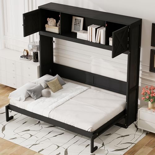 Black Full Horizontal Murphy Bed with Shelves and Storage Bookcase Z733736