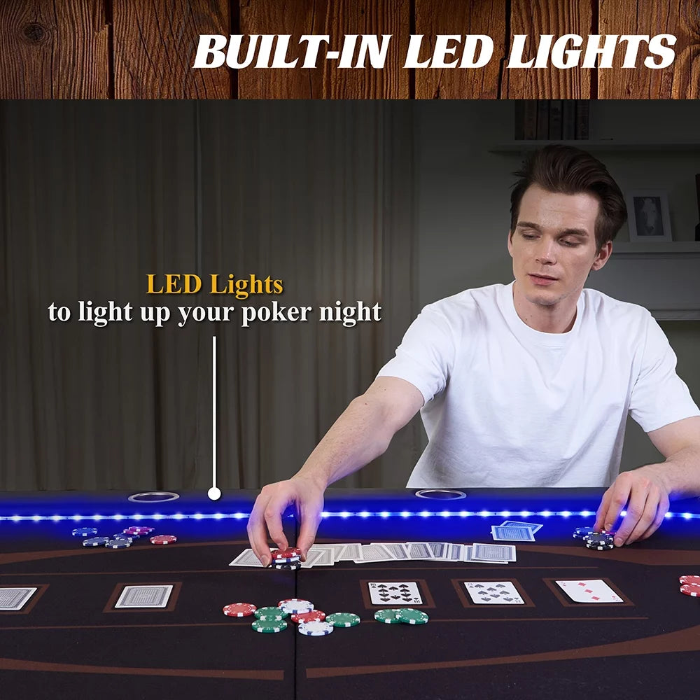10-Player Poker Table with In-laid LED Lights, Brown and Black T55501