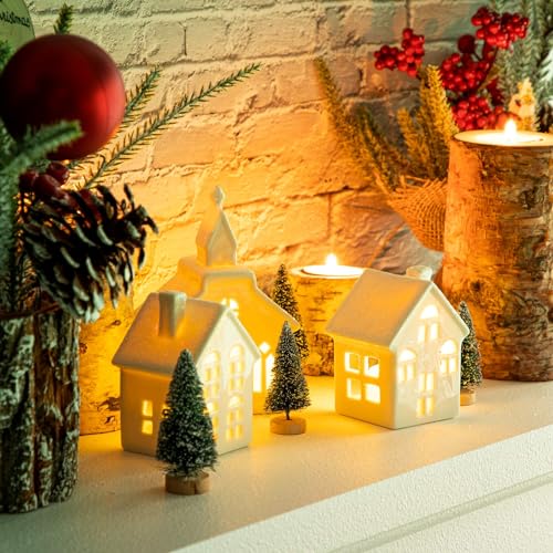 7 Pcs Christmas Porcelain Village Tabletop Figurine LED House Decorations N68476