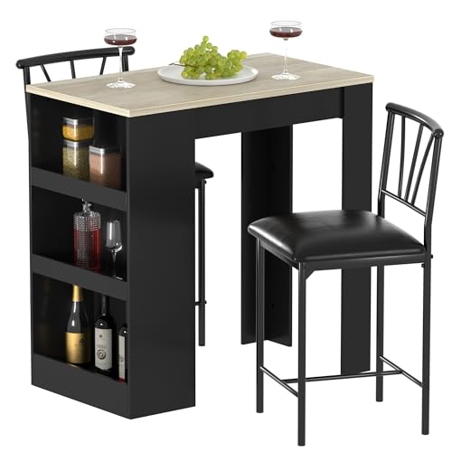 Gray Small Bar Table and Chairs Dining Set for 2 with Storage Shelves M76224