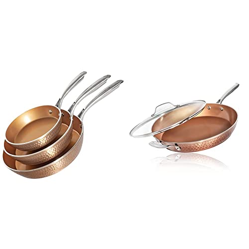 3 Piece Hammered Copper Nonstick Frying Pan Set with Glass Lid Q30655