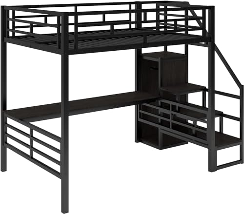 Full Size Metal Loft Bed with Desk and Wardrobe J567724