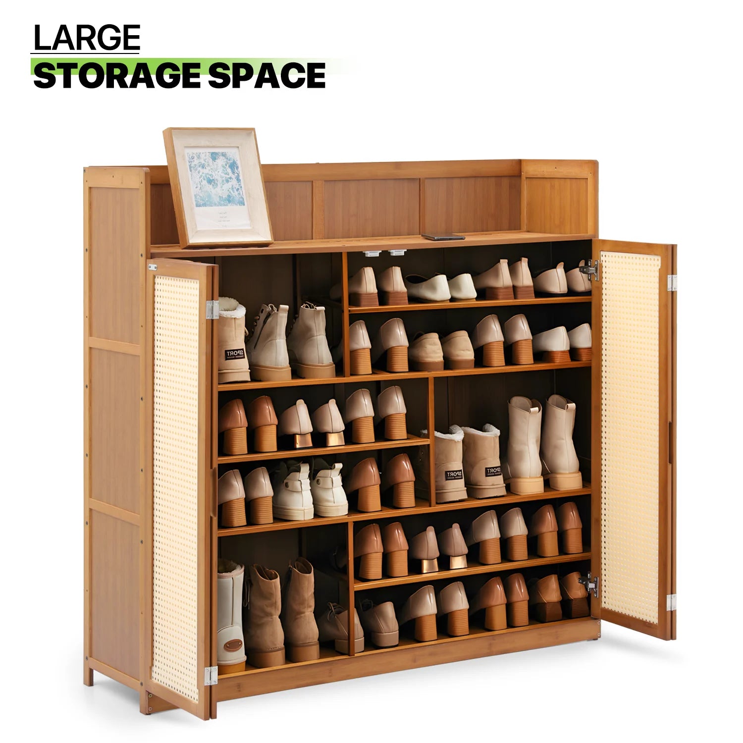 Bamboo 30 Pairs 7-Tier Shoe Cabinet with Folding Rattan Doors and Boots Compartments Q7994