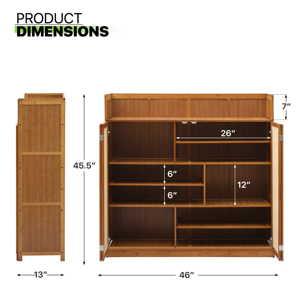 Bamboo 30 Pairs 7-Tier Shoe Cabinet with Folding Rattan Doors and Boots Compartments Q7994