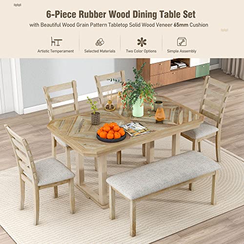 6-Piece Rubber Wood Dining Table Set with 4 Cushioned Chairs and Bench, Light Gray N7668