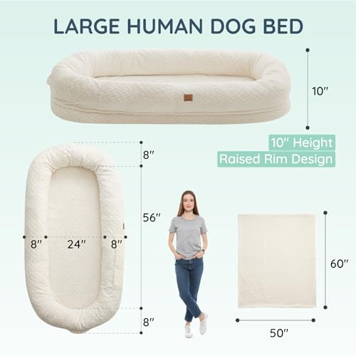 Ivory White 72"x40"x10" Faux Fur Orthopedic Foam Dog Bed with Blanket X7031