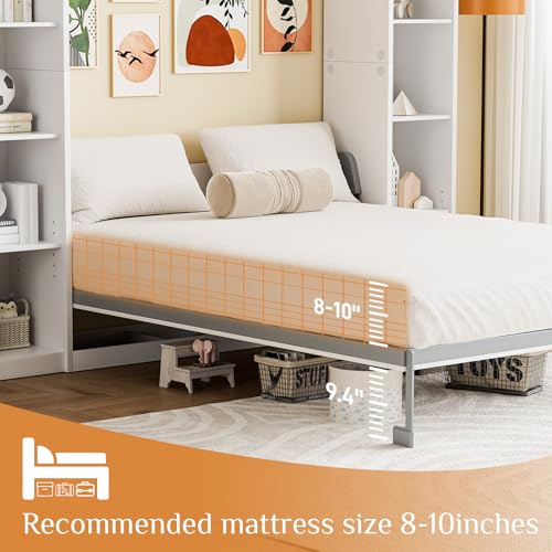 Queen Murphy Bed with Storage Bookcase & 4 Adjustable Shelves, White Wood Wall Bedframe with Metal Legs Q28058