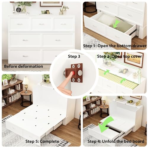 Queen Size White Murphy Bed with 1 Drawer E2995