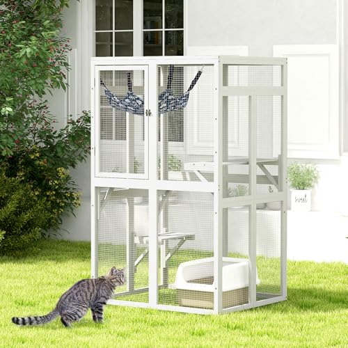 White Wooden Cat Enclosure with 3 Platforms M25987