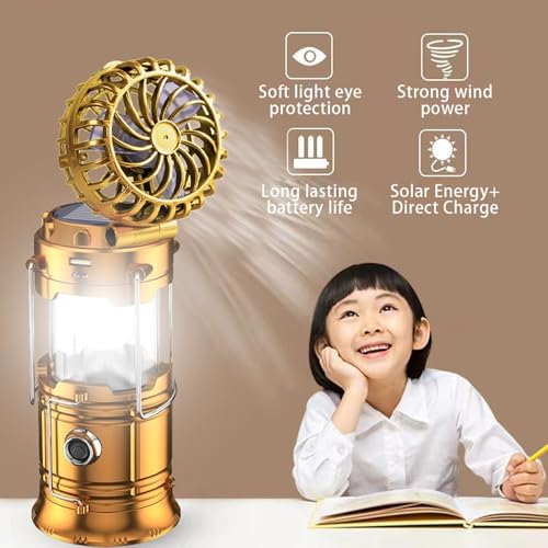 5-in-1 Portable LED Camping Lantern with Fan, Solar/USB Rechargeable, Lightweight ABS (Silver, 17.7X10X7.7cm) I14171